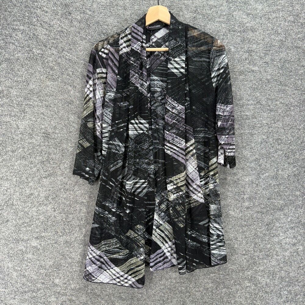 Creation Top Women L Large Black Geometric Open Front 3/4 Sleeve Casual
